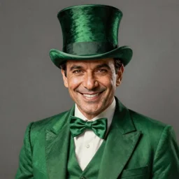 hyper realistic portrait, beautifully rendered, luis guzman as dapper fancy luigi wearing a green top hat, green suit and bowtie, smirking deviously, painted by greg rutkowski, wlop, artgerm, dishonored 2