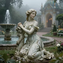 The kneeling statue of a woman in a beautiful garden, next to a fountain and a mystical palace, and all this in a foggy and mysterious atmosphere. Fantasy and concept art by Konstantin Razumov.