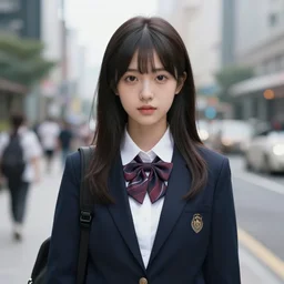 a cute girl wearing school uniform standing in the city | | really good looking face!! realistic shaded perfect face, fine details, anime, realistic shaded lighting poster by ilya kuvshinov katsuhiro otomo ghost - in - the - shell, magali villeneuve, artgerm, jeremy lipkin and michael garmash and rob reyt