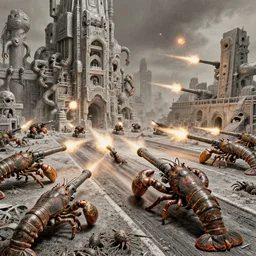 stippling of varied filthy rugated armored crustaceans clawing & terrified as massive brutalist structure, claustrophobic drag race, clustered back cannons firing meteors, by virgil finlay, vincente b ballestar, by francesco blanc, geof darrow, boris vallejo, & by jack gaughan high resolution, hyper detailed, cinematic, ornate masterpiece