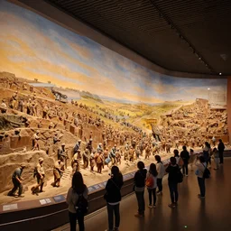 megalophobia, photo of an exhibit museum room, people taking photos to a huge tri - dimensional diorama depicting the full history of humanity, national art museum, scientific, rule of thirds