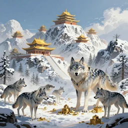 Snow-capped mountains with golden temples on the peaks. Giant wolves and their treasures, cgsociety, fantasy illustration, magic and power of the wolf. Concept art ArtStation, unreal engine 5