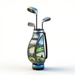 mosaic golf club set, stylized 3d render, isolated on a pure white background, centered, entire object in frame, sharp focus, soft studio lighting