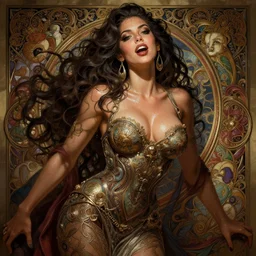 linda evangelista, bold, passionate, seductive, expressive, charismatic, very sweaty, intricate fashion clothing, insane, intricate, highly detailed, digital painting, artstation, concept art, smooth, sharp focus, illustration, unreal engine 5, 8 k, art by artgerm and greg rutkowski and alphonse mucha