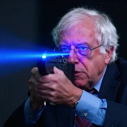 bernie sanders shooting a laser beam from his eyes, synthwave