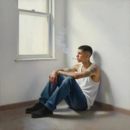 oil painting portrait of a tattoed young and thin latino guy sitting on the floor alone in a badly lit white room wearing a sleeveles white shirt and blue jeans, looking out the window, short hair, tattoos, smoking, illustration, cinematic light, wide angle lens, art by greg rutkowski