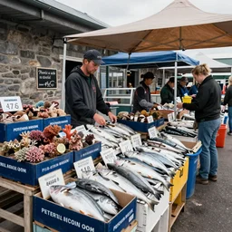 peterhead fish market selling boxes of coral reef 4k wide angle