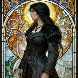 beautiful and detailed side - view portrait of yennefer from the witcher 3, black necklace, long black and grey coat, long black hair, stained glass art, by alphone mucha, very masterful