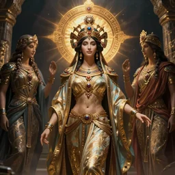 goddess of the lost city with her regalia, by Annie Swynnerton and Nicholas Roerich and jean delville, dramatic cinematic lighting , ornate headdress , flowing robes, lost civilizations, extremely detailed
