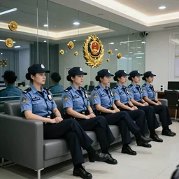 a group of police female officers sitting on an modern couch in an glass room with mirror and reflections, very detailed, modern, gold ornaments on the walls, 2 2 century, ultrarealistic, dramatic lighting, electrical details, high details, 4 k, 8 k, best, accurate, trending on artstation, artstation, photorealism,