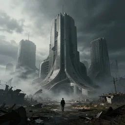 an abandoned dystopian city of parametric architecture, by federico pelat and craig mullins and james paick and zaha hadid, hyperrealism, 8 k resolution, octane render, cinematic, ominous, dramatic, volumetric lighting, misty