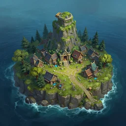 ultra realistic illustration, village on lone island in the ocean, rich contrast of colors, perfect composition, league of legends artwork