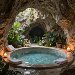 cozy, empty hotspring hidden in a cave, candlelight, towels, cushions, natural light, lush plants and flowers, elegant, smooth cave rock, fantasy, atmospheric lighting, digital painting, Greg Rutkowski concept art