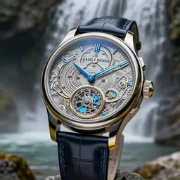 a steampunk sleek, jewelled, Saut du Doubs waterfall watch by Jaquet Droz, highly detailed illustration highlights, gold and silver highlights, neon blue highlights, macro photography, F/2.8, trending on artstation, octane render