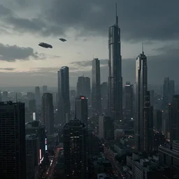 futuristic sci - fi cityscape at dusk, poluted sky, flying vehicles, skyscrapers, neon signs, dense urban sprawl, dark, cool muted light, cool colors, robert mccall, greg rutkowski, h r giger