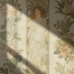 floral-pattern vintage-wallpaper, dramatic lighting shadows, detailed illustration, Dan Mumford, Alphonse mucha, hyper realistic, photorealistic, extremely detailed fur, octane render, 8k, intricate details