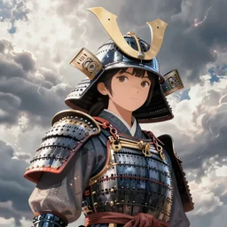 poster of a girl with japanese samurai armor and helmets in the style of cowboy bebop, calm, fantasy character portrait, dynamic pose, above view, sunny day, thunder clouds in the sky, artwork by jeremy lipkin and giuseppe dangelico pino and michael garmash and rob rey and greg manchess and huang guangjian and makoto shinkai, very coherent asymmetrical artwork, sharp edges, perfect face, simple form, 1 0 0 mm