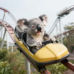 selfie of an excited koala riding a roller - coaster, wide angle, highly - detailed realistic