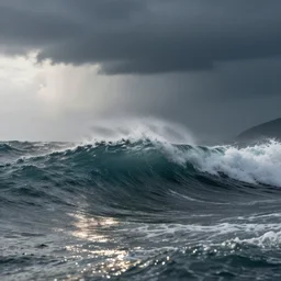 A realistic detailled photo of a storm on the ocean, water particules, light reflections, big waves, stormy landscape, fog, light particules, detailled light, realistic shaders, trending on artisation, detailed textures, detailed, realistic