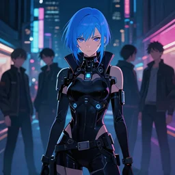 digital illustration of cyberpunk pretty girl with blue hair, wearing a black ominatrix outfit, in city street at night, by makoto shinkai, ilya kuvshinov, lois van baarle, rossdraws, basquiat