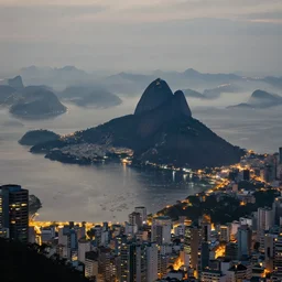 pao de acucar in rio de janeiro brazil, trending on artstation, digital art, distant mountain, fog, city lights, low dof, professional photography, realism style