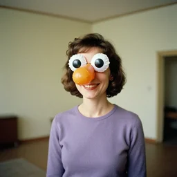 smiling woman with an inflatable spherical prosthetic nose, cardboard googly eyes, 1 9 7 6, color, fassbinder, medium - shot 1 6 mm film, in an empty room