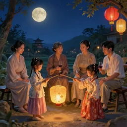 chinese mid autumn festival, kids with a lantern while their parents enjoy a glass of wine, by james gilleard, victo ngai, ruan jia, liuyuan lange, fenghua zhong, ren jing jeong, feifei ruan