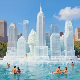a painting of a ice sculpture made of icecream in the shape of the skyline of new york on a very sunny summer day, 3 5 degrees the ice is melting and people are swimming in the icecream in the style of james jean and fernando botero