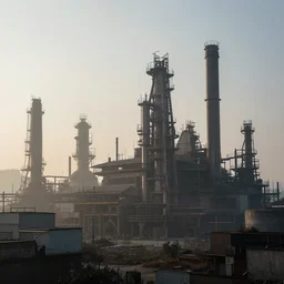 Industrial landscape with gothic architecture, misty volumetric lighting, by Ruxing Gao