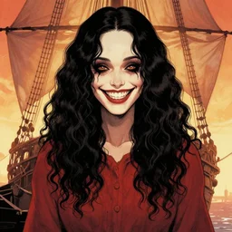 artgerm, joshua middleton comic cover art, pretty serial killer maika monroe creepy smiling, full body, symmetrical eyes, symmetrical face, long curly black hair, on a pirate ship background, warm colors