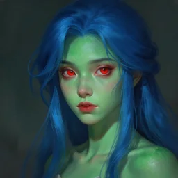 portrait of a teenage female human with blue hair and red eyes and green skin fantasy artwork epic detailed and intricate digital painting trending on artstation by wlop octane render
