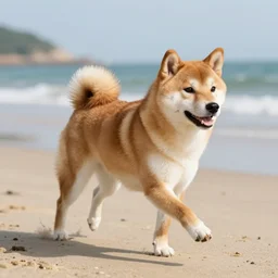 a shiba inu running along the beach, digital art