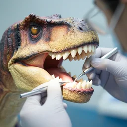 A close-up photo of a dentist working on a dinosaur’s teeth