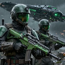 A detailed sketch of two guerilla soldiers with green plasma rifles with revolver drums wearing grey armour with dark green stripes and full helmets with dark green visors, night, rain, water drops on the lense, a complicated black spaceship with green lights in the background, realistic 4k octane beautifully detailed render, 4k post-processing, highly detailed, intricate complexity, epic composition, magical atmosphere, cinematic lighting, masterpiece, ultra hd