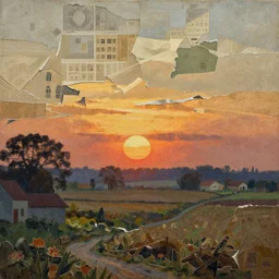 rural sun rise, painting by shaun tan, detailed, intricate, torn paper decollage, oil on canvas by edward hopper, ( by mattias adolfsson ), by moebius