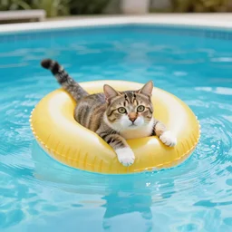 cat with floating bouy enjoying a swim at the pool