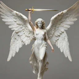 angelic winged humanoid with an upside-down marble head holding a golden sword, digital art, by Fernanda Suarez and and Edgar Maxence and greg rutkowski
