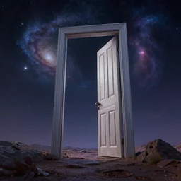 improbability, fantasy landscape, door portal, cinematic, low angle, galaxies in the sky, matte painting, octane render