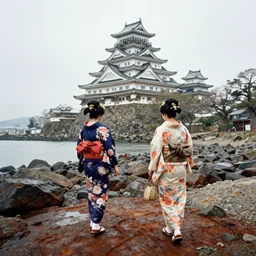 « wandering geishas with big flowery kimonos on a rusty rocky beach on a rainy day with a giant victorian japanese castle in the background, portra 4 0 0, low wide angle, focal length 2 4 mm, grain, photorealistic in john singer sargent style »