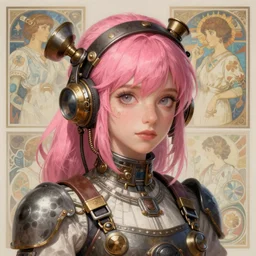 steampunk inventor girl, pink hair, portrait, highly detailed, digital painting, artstation, concept art, sharp focus, illustration, art by artgerm and greg rutkowski and alphonse mucha