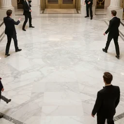 blade runner 2049 movie still elegant bank fancy white marble flooring. robbery in progress. cyberpunk man carrying duffle bag holding shotgun. 2017 movie still 35mm wide angle lens