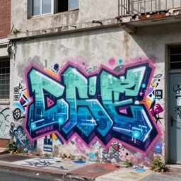graffiti on a wall in a run down building, happy mood, cyberpunk, futuristic, technilogy, high detail, golden light, realistic