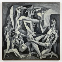 a big painting canvas of suffering and pain, destruction, people screaming, painting in grey tones, guernica style, picasso, abstract, epic, dramatic, ultra detailed, sharp, geometry