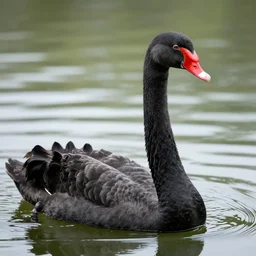 a long necked black swan with its ape head, swimming in the lake. portrait photography, high definition, 4 k, 8 k, popular on national geographic, highly detailed feathers.
