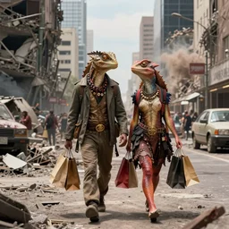 modern city destroyed by war in ruins with rich famous reptilian couple walking around with shopping bags laughing, color photograph very high detail