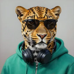 a photorealistic painting of a leopard wearing black sunglasses, a teal green hoodie while headphones wrap around his neck. hyper detailed, oil on canvas. this 4 k hd image is trending on artstation, featured on behance, well - rendered, extra crisp, features intricate detail, epic composition and the style of unreal engine.