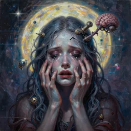 magic halo, broken soul, deep sickness and sadness oil paint, surrealist highly detailed at, galactic ethereal, trending on art station, multi media, emotional surrealism oil painting, tears, crying, glitching artifacts, steam punk brain parasite, very very very very very beautiful, cursed