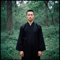 kodak film photography, 3 5 mm, pro mist filter, man in black robe portrait, forest