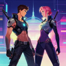 jaime and brienne fighting side by side, cyberpunk art by james gilleard, cgsociety, retrofuturism, synthwave, retrowave, outrun