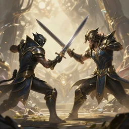 amazing epic screen of two swordman combat, league of legends splash art, deiv calviz, splash art, natural light, elegant, intricate, fantasy, atmospheric lighting, by greg rutkowski, league of legends splashscreen artwork, hd wallpaper, ultra high details